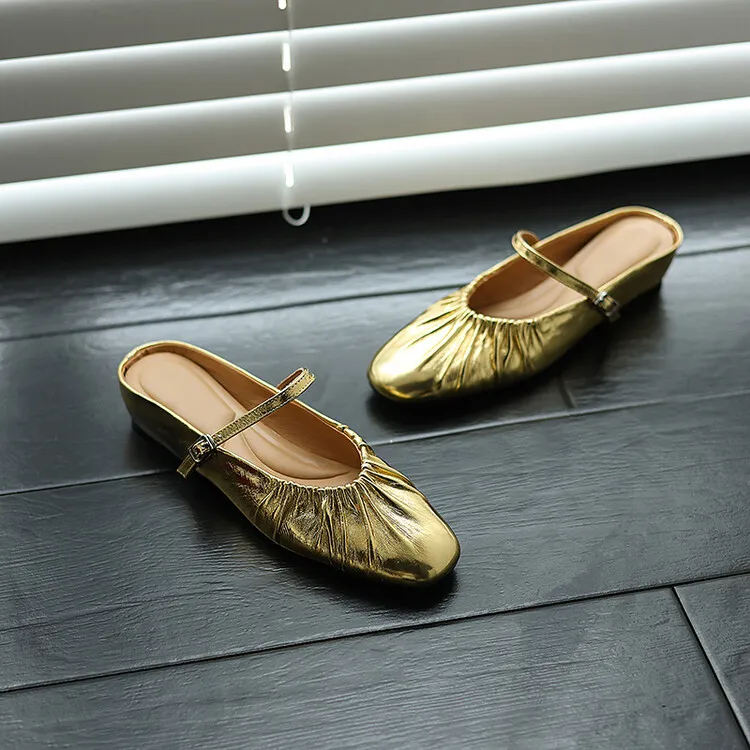 Wedge heel closed toe cowhide half mules, French style pleated soft sole flat mules, gold and silver women's 4-24s
