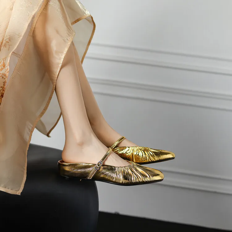 Wedge heel closed toe cowhide half mules, French style pleated soft sole flat mules, gold and silver women's 4-24s