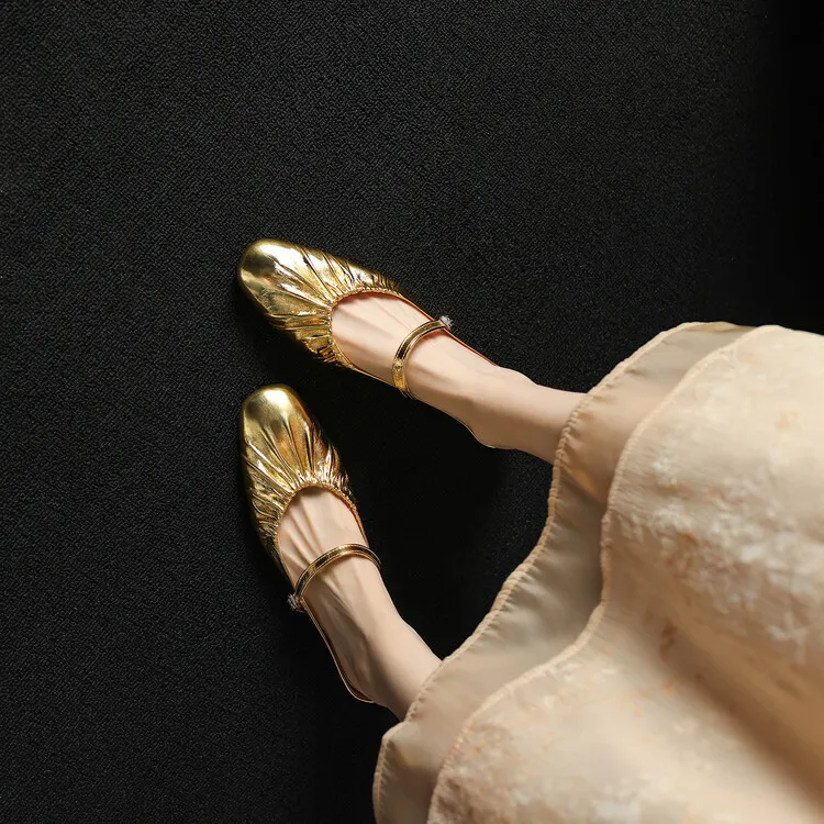 Wedge heel closed toe cowhide half mules, French style pleated soft sole flat mules, gold and silver women's 4-24s