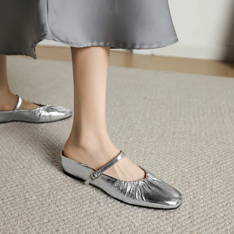 Wedge heel closed toe cowhide half mules, French style pleated soft sole flat mules, gold and silver women's 4-24s