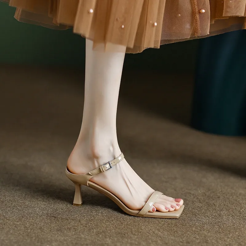Summer patent leather slippers AL-365SW: stylish and simple square toe open-toe stiletto heel high-heeled buckle sandals