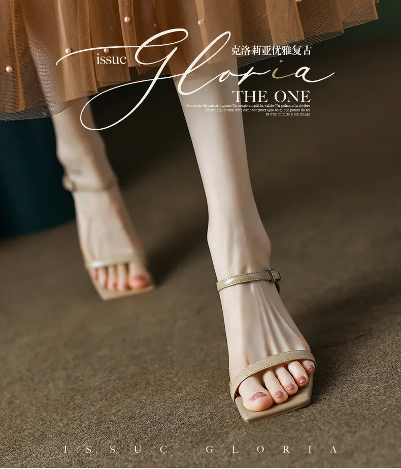 Summer patent leather slippers AL-365SW: stylish and simple square toe open-toe stiletto heel high-heeled buckle sandals