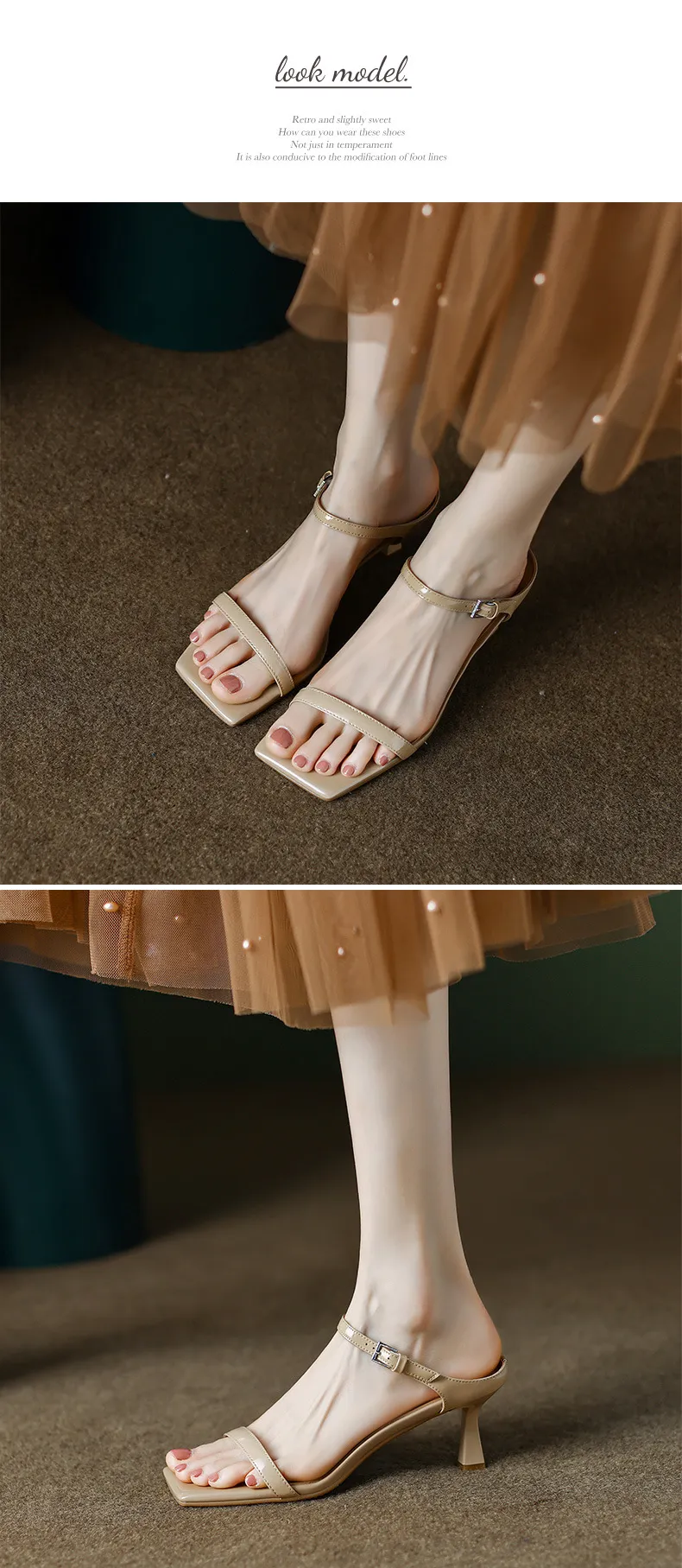 Summer patent leather slippers AL-365SW: stylish and simple square toe open-toe stiletto heel high-heeled buckle sandals