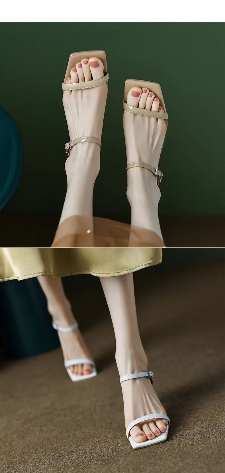 Summer patent leather slippers AL-365SW: stylish and simple square toe open-toe stiletto heel high-heeled buckle sandals