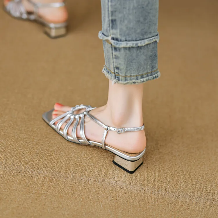 French retro style woven openwork square toe sandals, exclusive single strap chunky heel low heel sandals 5-4i fashion