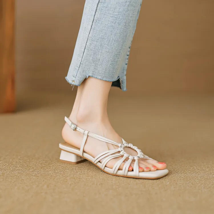 French retro style woven openwork square toe sandals, exclusive single strap chunky heel low heel sandals 5-4i fashion