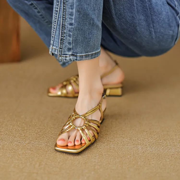 French retro style woven openwork square toe sandals, exclusive single strap chunky heel low heel sandals 5-4i fashion