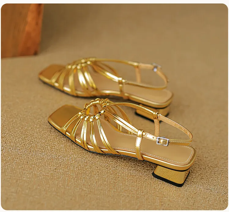 French retro style woven openwork square toe sandals, exclusive single strap chunky heel low heel sandals 5-4i fashion