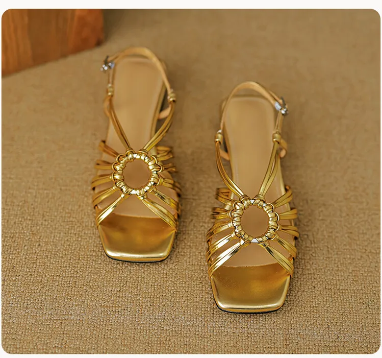 French retro style woven openwork square toe sandals, exclusive single strap chunky heel low heel sandals 5-4i fashion