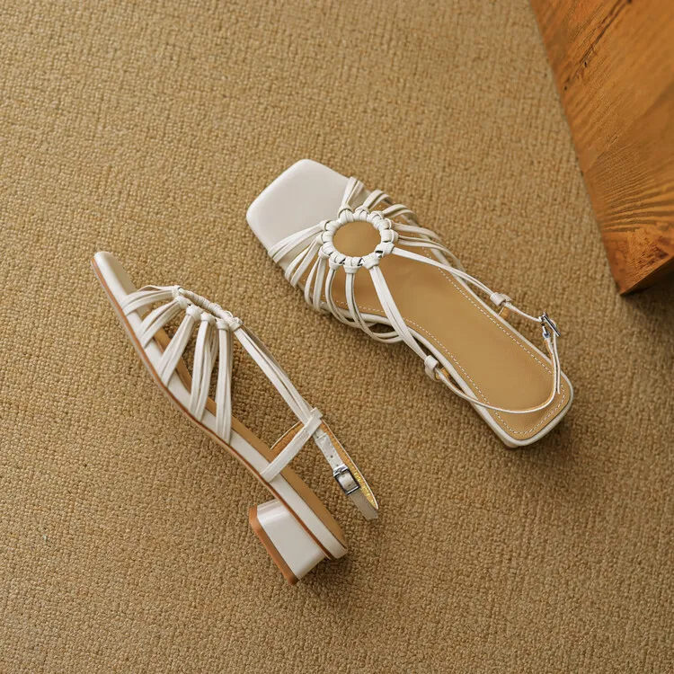 French retro style woven openwork square toe sandals, exclusive single strap chunky heel low heel sandals 5-4i fashion