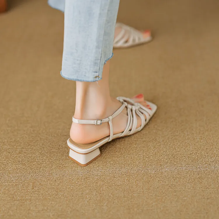 French retro style woven openwork square toe sandals, exclusive single strap chunky heel low heel sandals 5-4i fashion
