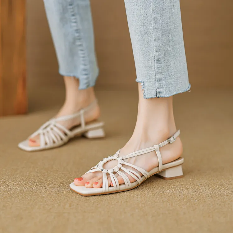 French retro style woven openwork square toe sandals, exclusive single strap chunky heel low heel sandals 5-4i fashion