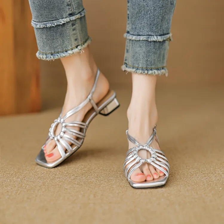French retro style woven openwork square toe sandals, exclusive single strap chunky heel low heel sandals 5-4i fashion