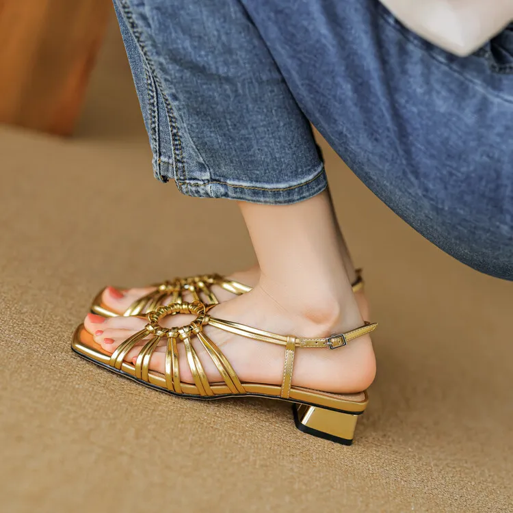 French retro style woven openwork square toe sandals, exclusive single strap chunky heel low heel sandals 5-4i fashion