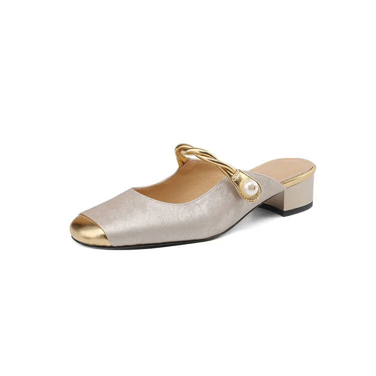 Women's summer square-toe color-blocked slippers, chunky heel, mid-low heel, closed toe, fashionable sandals, 3.5cm.