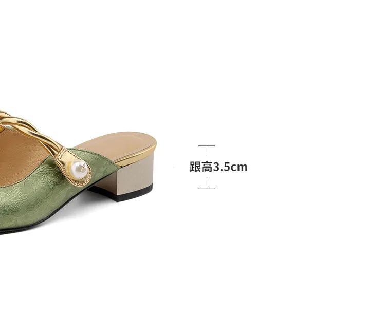 Women's summer square-toe color-blocked slippers, chunky heel, mid-low heel, closed toe, fashionable sandals, 3.5cm.