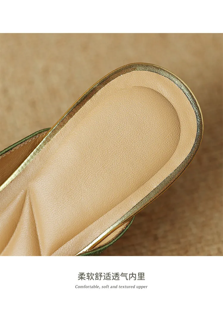 Women's summer square-toe color-blocked slippers, chunky heel, mid-low heel, closed toe, fashionable sandals, 3.5cm.