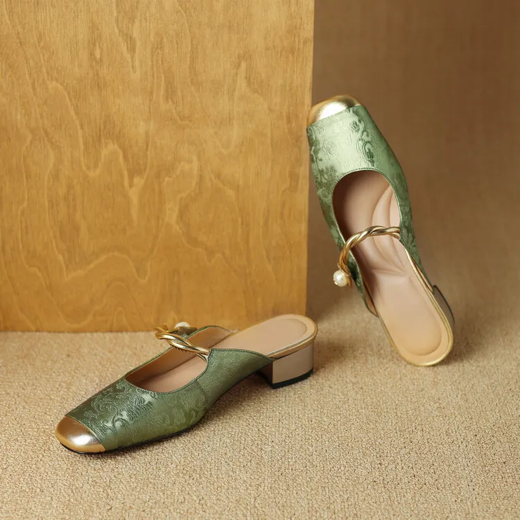 Women's summer square-toe color-blocked slippers, chunky heel, mid-low heel, closed toe, fashionable sandals, 3.5cm.