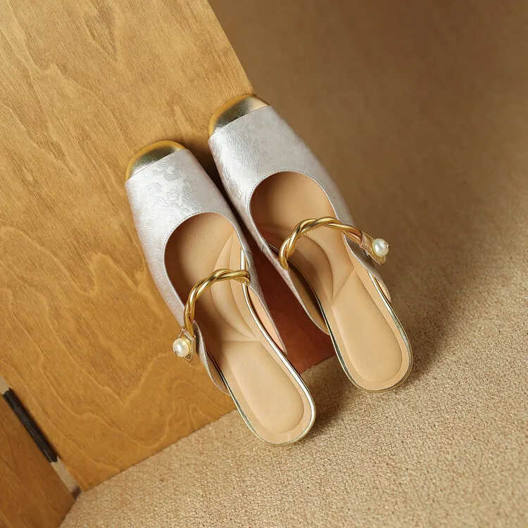 Women's summer square-toe color-blocked slippers, chunky heel, mid-low heel, closed toe, fashionable sandals, 3.5cm.