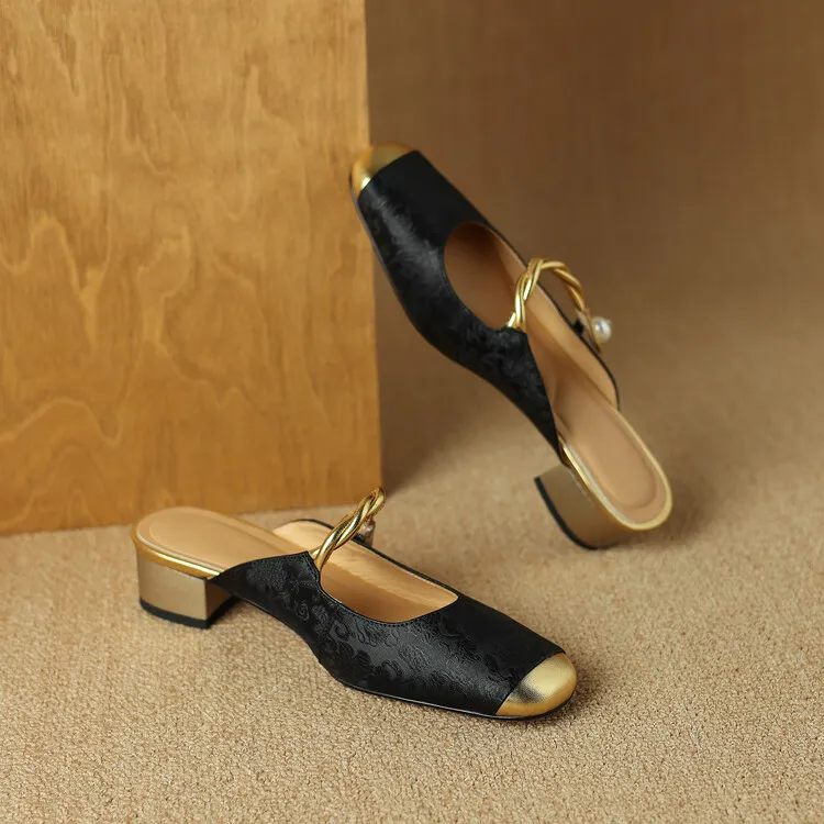 Women's summer square-toe color-blocked slippers, chunky heel, mid-low heel, closed toe, fashionable sandals, 3.5cm.