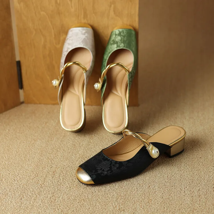 Women's summer square-toe color-blocked slippers, chunky heel, mid-low heel, closed toe, fashionable sandals, 3.5cm.