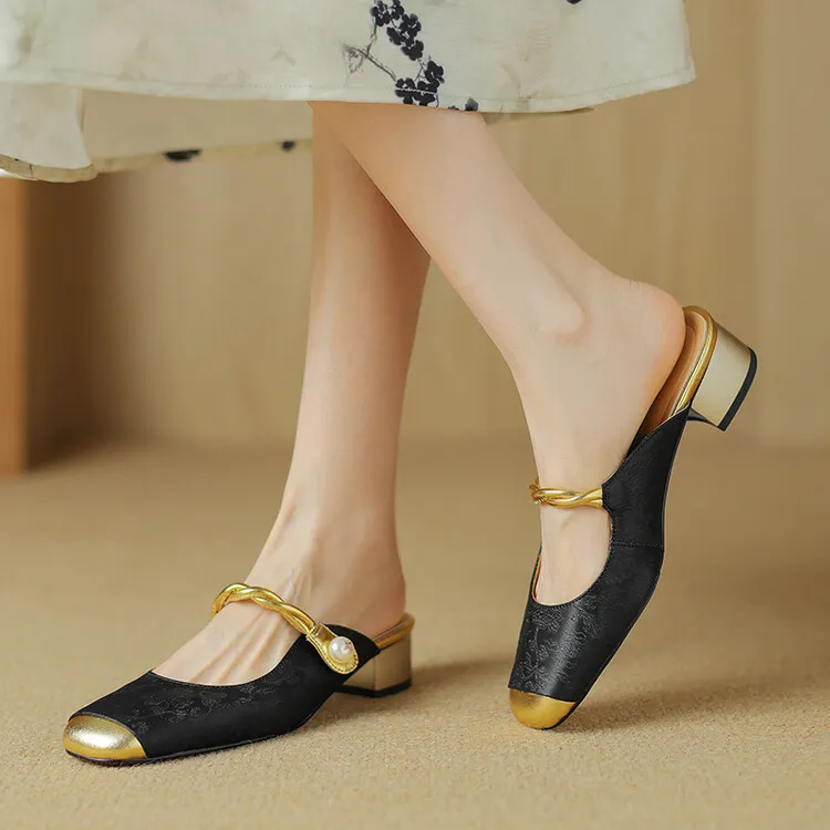 Women's summer square-toe color-blocked slippers, chunky heel, mid-low heel, closed toe, fashionable sandals, 3.5cm.