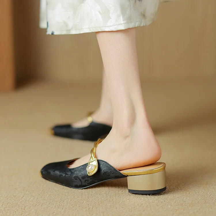 Women's summer square-toe color-blocked slippers, chunky heel, mid-low heel, closed toe, fashionable sandals, 3.5cm.