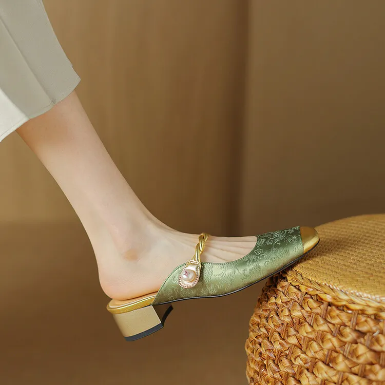 Women's summer square-toe color-blocked slippers, chunky heel, mid-low heel, closed toe, fashionable sandals, 3.5cm.