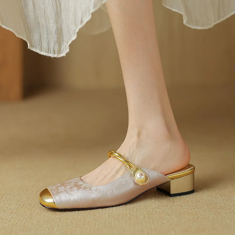 Women's summer square-toe color-blocked slippers, chunky heel, mid-low heel, closed toe, fashionable sandals, 3.5cm.