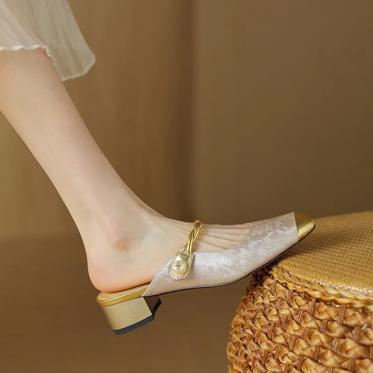 Women's summer square-toe color-blocked slippers, chunky heel, mid-low heel, closed toe, fashionable sandals, 3.5cm.