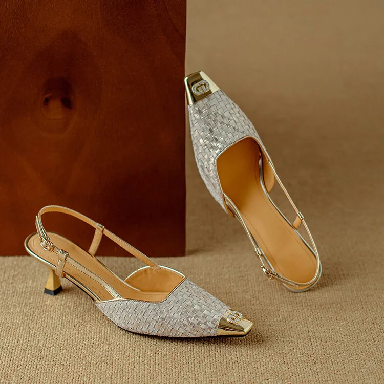 Summer high-heeled leather closed-toe sandals for women, fashion shoes, size 5-4m