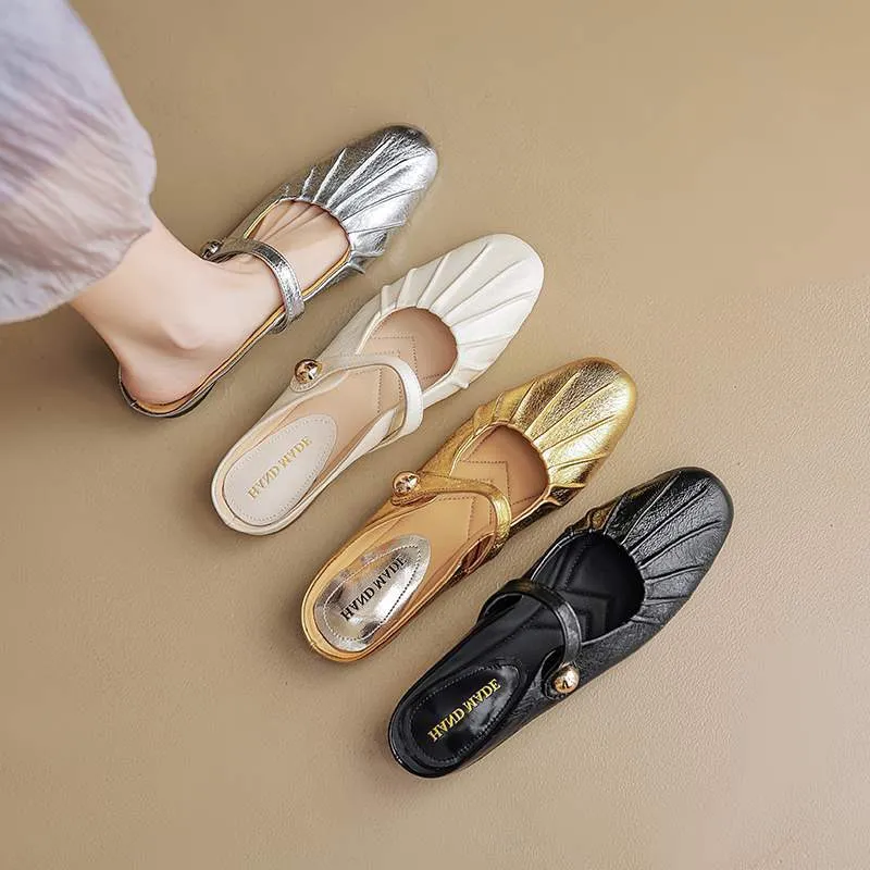 Low-heeled 1cm gold and silver summer French style sandals, genuine leather closed-toe half slippers for women.