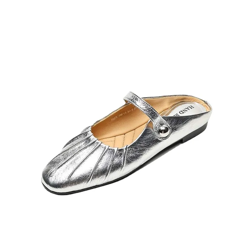 Low-heeled 1cm gold and silver summer French style sandals, genuine leather closed-toe half slippers for women.