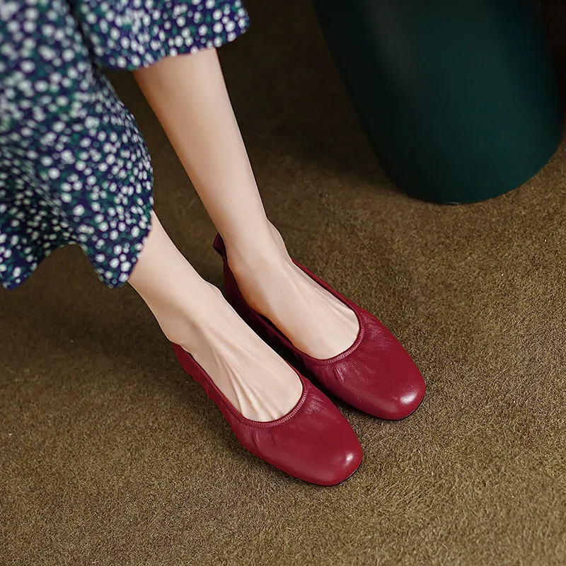 Comfortable soft lambskin women's shoes, elegant round toe, low-cut flat shoes, plus size 4142.