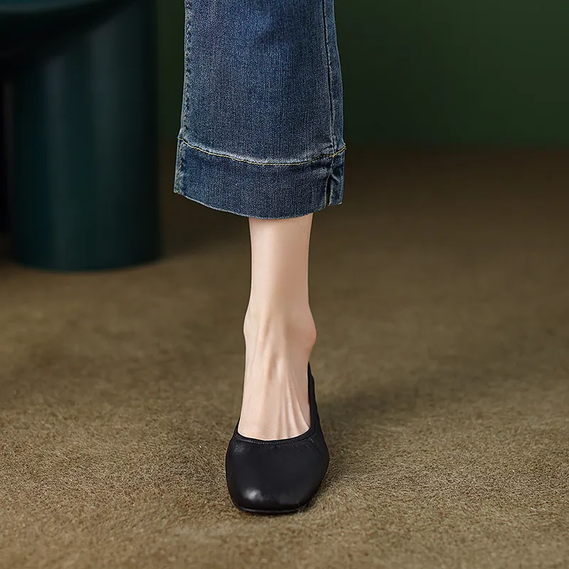 Comfortable soft lambskin women's shoes, elegant round toe, low-cut flat shoes, plus size 4142.