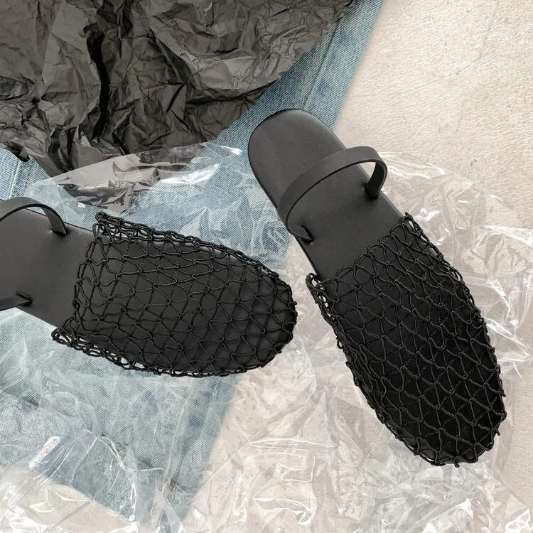 Summer mesh woven openwork closed-toe slippers, fashionable outerwear one-strap sandals for women, sizes 5-10b