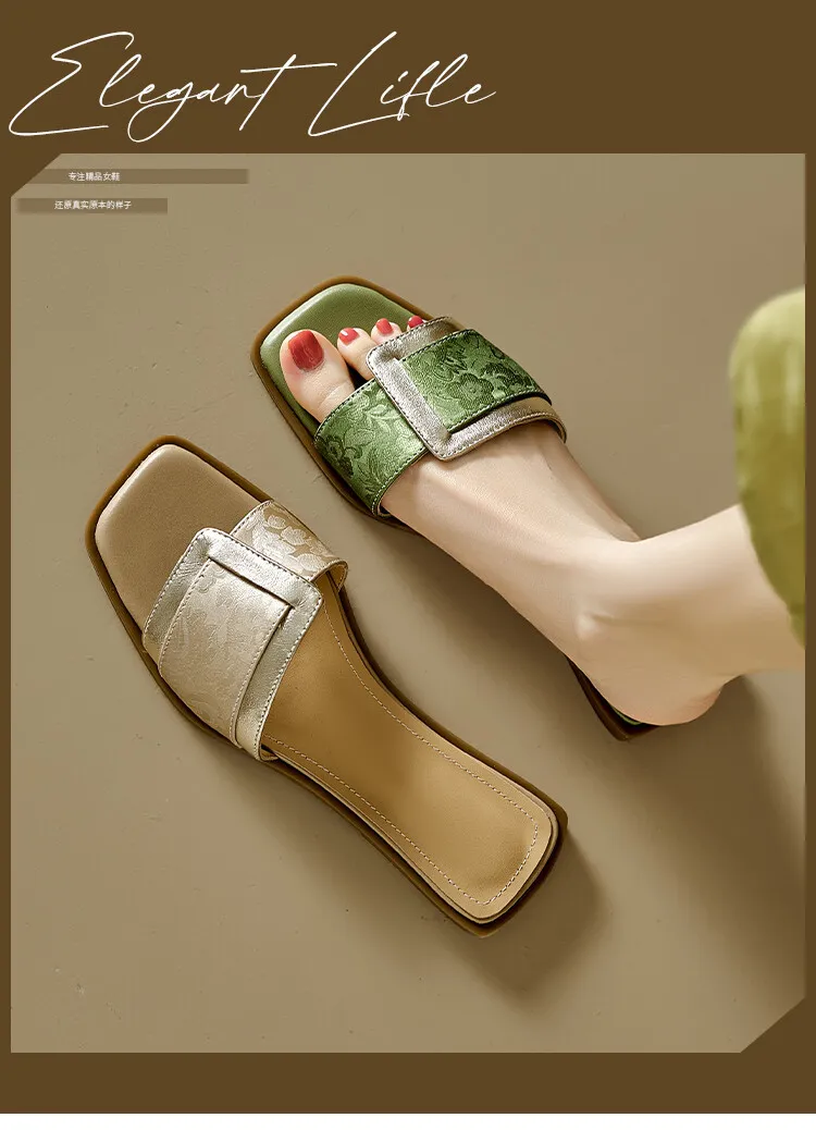 Low-heeled square buckle slip-on sandals for summer, trendy open-toe flat sandals for women, 5-10 hours.