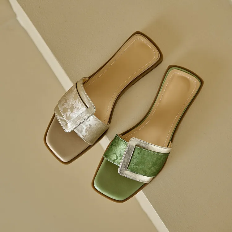 Low-heeled square buckle slip-on sandals for summer, trendy open-toe flat sandals for women, 5-10 hours.