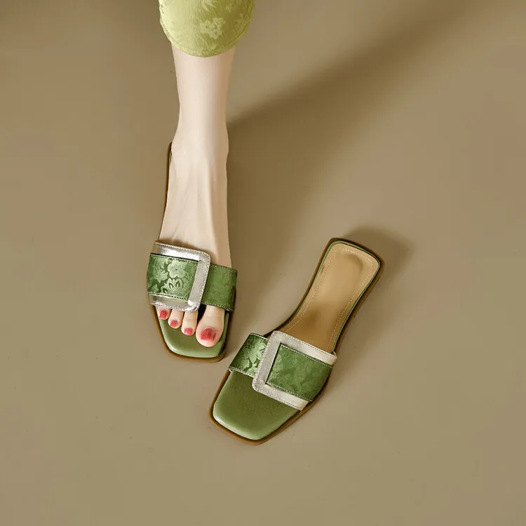 Low-heeled square buckle slip-on sandals for summer, trendy open-toe flat sandals for women, 5-10 hours.