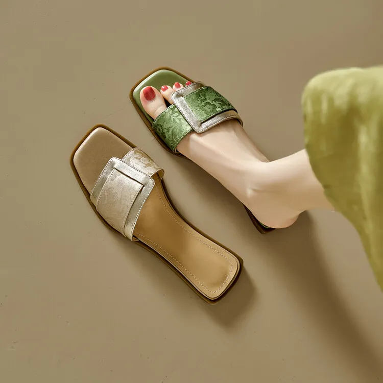 Low-heeled square buckle slip-on sandals for summer, trendy open-toe flat sandals for women, 5-10 hours.