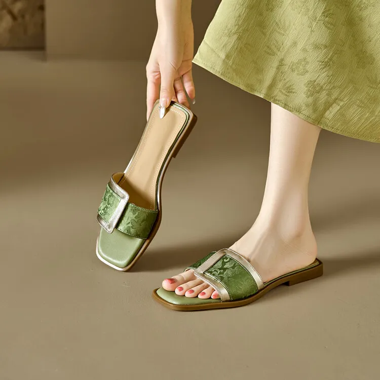 Low-heeled square buckle slip-on sandals for summer, trendy open-toe flat sandals for women, 5-10 hours.