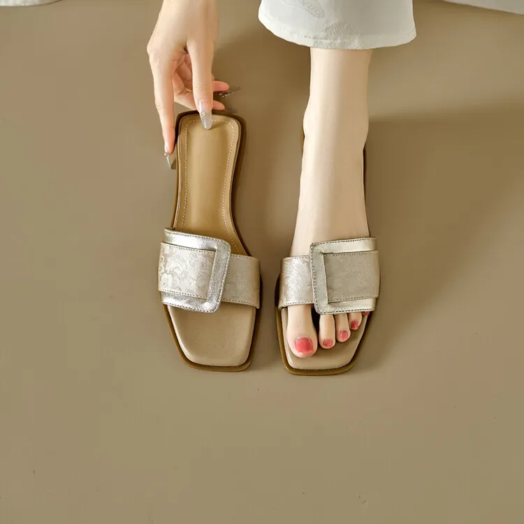 Low-heeled square buckle slip-on sandals for summer, trendy open-toe flat sandals for women, 5-10 hours.