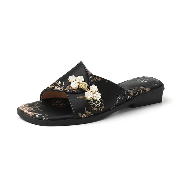 New Chinese style open-toe slip-on women's shoes with satin upper, perfect for summer wear, 5-10g
