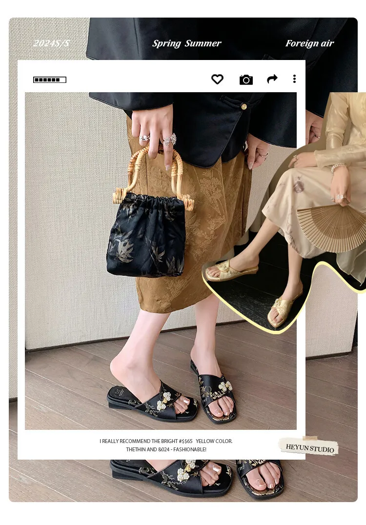 New Chinese style open-toe slip-on women's shoes with satin upper, perfect for summer wear, 5-10g
