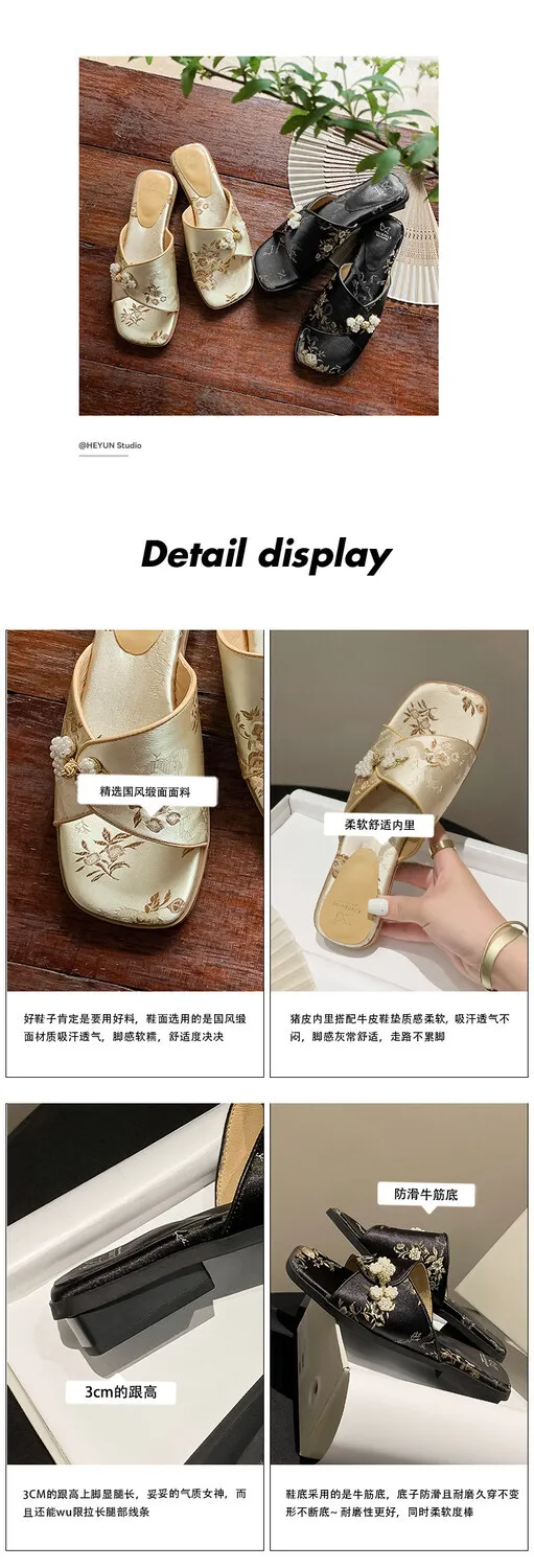 New Chinese style open-toe slip-on women's shoes with satin upper, perfect for summer wear, 5-10g
