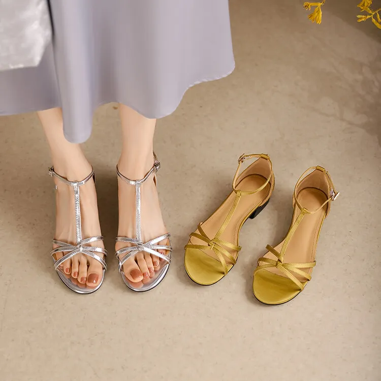 Summer French Roman style silver T-strap peep-toe flat vacation style women's shoes 5-10m