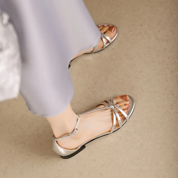 Summer French Roman style silver T-strap peep-toe flat vacation style women's shoes 5-10m