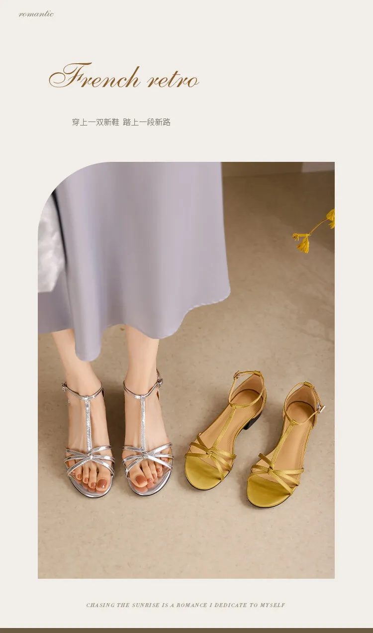 Summer French Roman style silver T-strap peep-toe flat vacation style women's shoes 5-10m