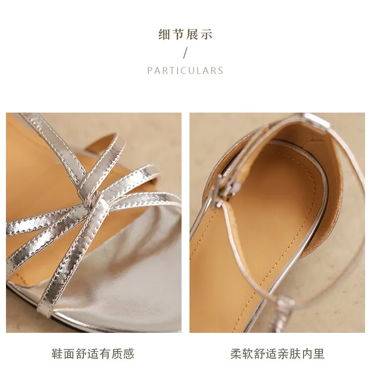 Summer French Roman style silver T-strap peep-toe flat vacation style women's shoes 5-10m