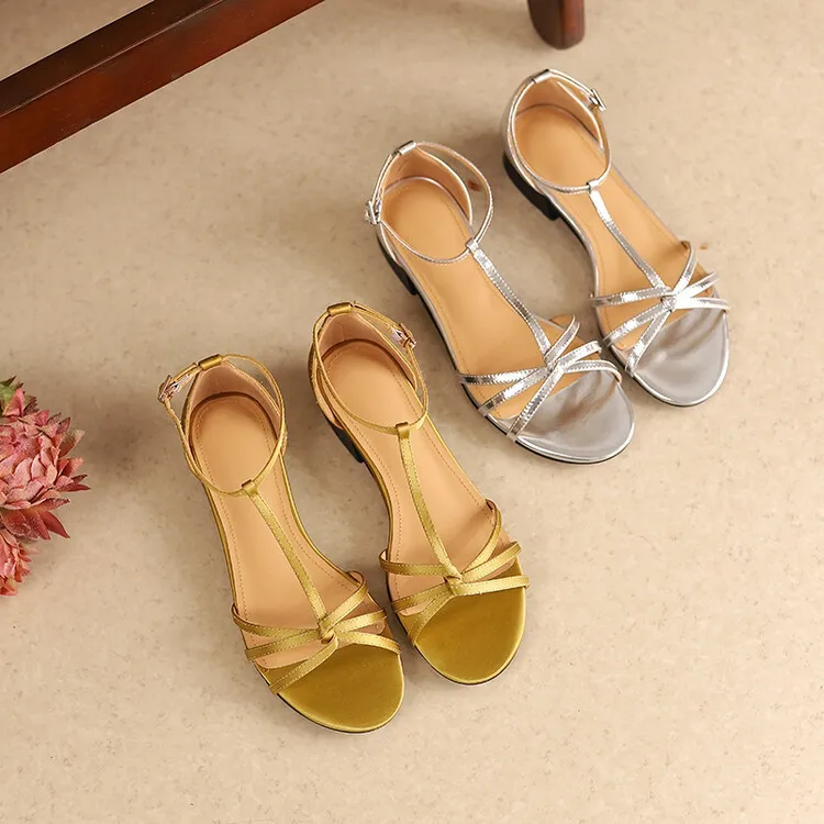 Summer French Roman style silver T-strap peep-toe flat vacation style women's shoes 5-10m